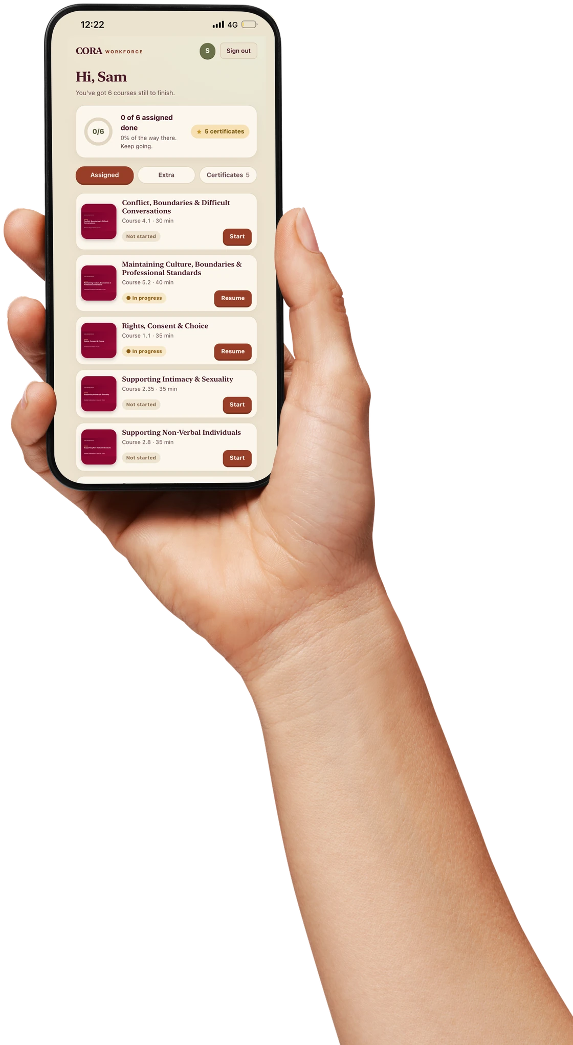 A support worker holding a phone showing the CORA training app, on the Hi Sam learner home screen.