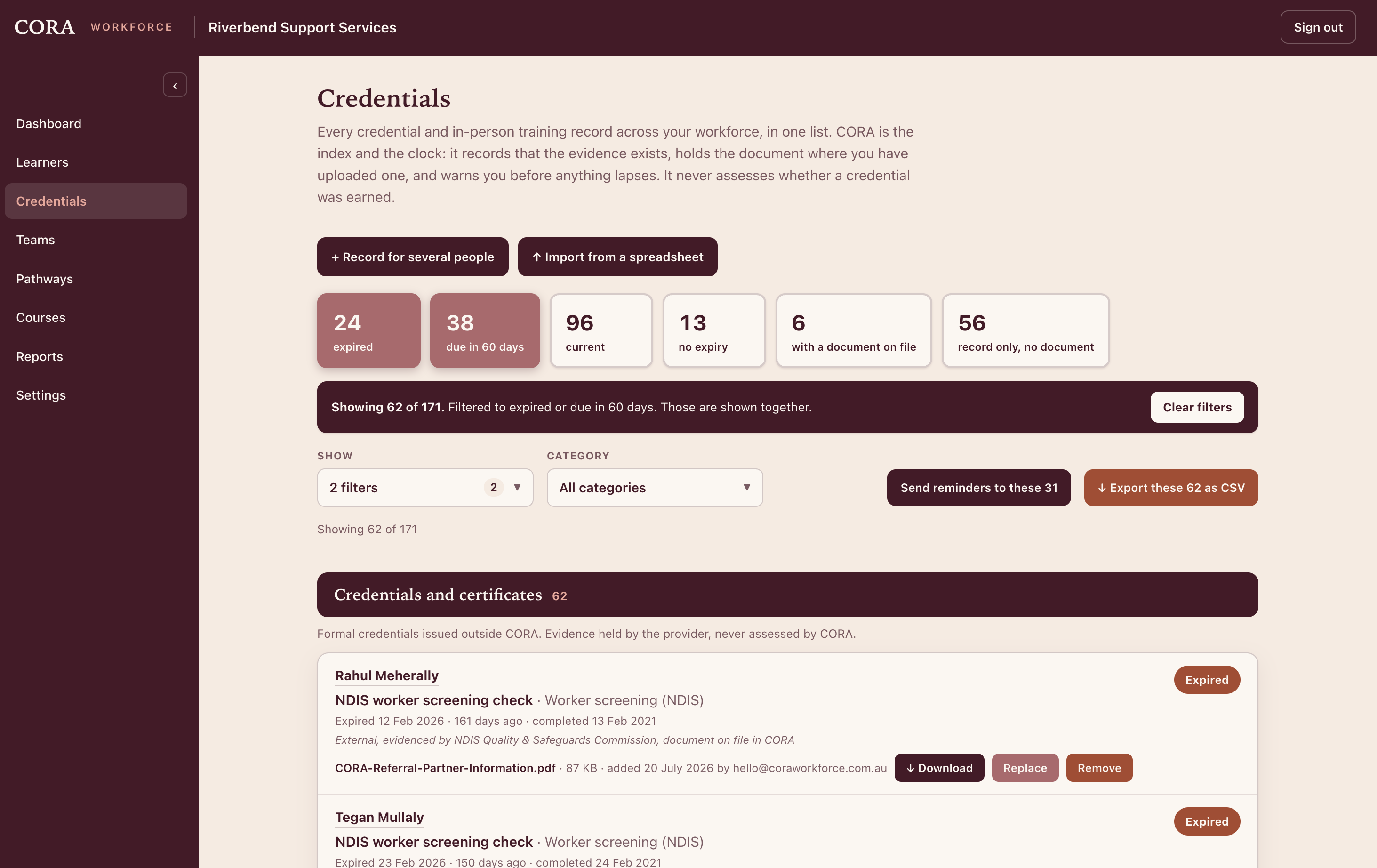 CORA credential register listing every credential and in-person training record with expiry status.