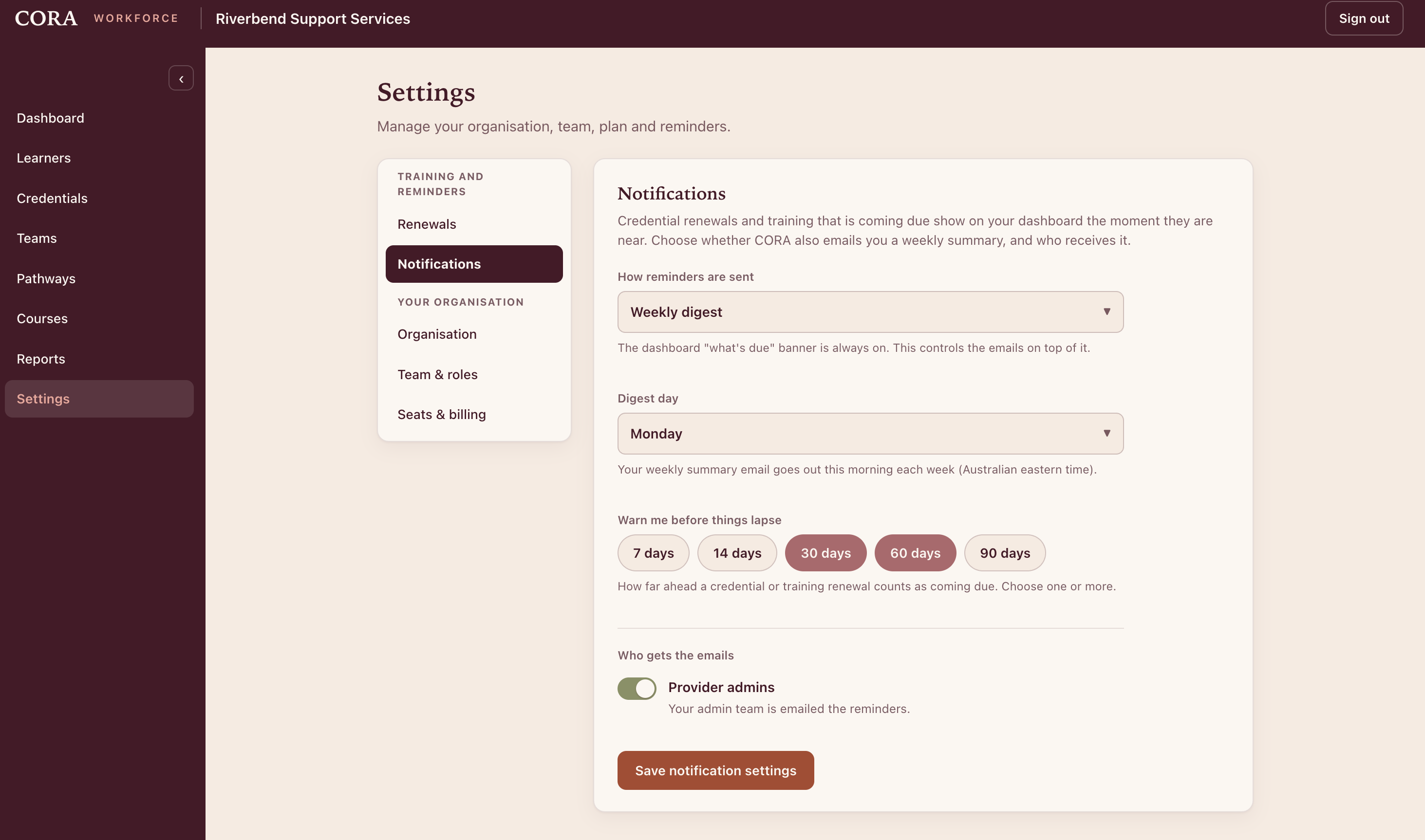 CORA settings notifications: how reminders are sent, renewal warning windows and who gets the weekly summary.